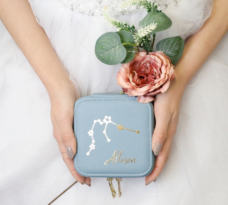 Birth Constellation Travel Jewelry Case, Personalized Bridesmaid Proposal Gift, leather travel jewelry box, Initials & Name Travel Case image 10