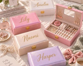 Custom Leather Jewelry Box for Women/Girls, Personalized Christmas & Holiday Gift, Drawer with Mirror, Case for Wedding Flower Girl