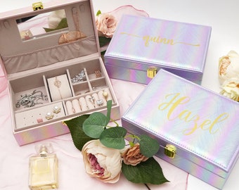 Personalisierte Leder Schmuckschatulle für Frauen / Mädchen, personalisiertes Weihnachts- & Feiertagsgeschenk, Schublade mit Spiegel, Etui für Hochzeit Blumenmädchen