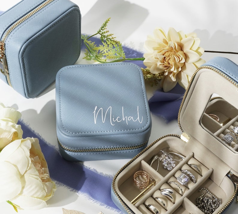 Travel Jewelry Case, Personalized Bridesmaid Proposal Gift, Bridal Party Gifts, leather travel jewelry box, Initials & Name Travel Case image 7