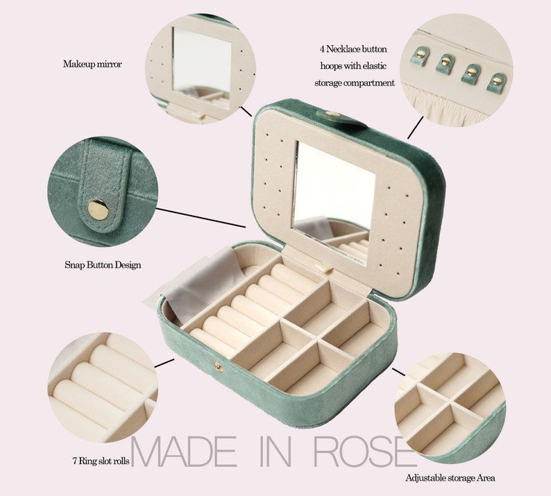 May include: A green velvet jewelry box with a mirror, multiple compartments, and a snap button closure. The box has a ring roll, a necklace storage area, and an adjustable storage area.