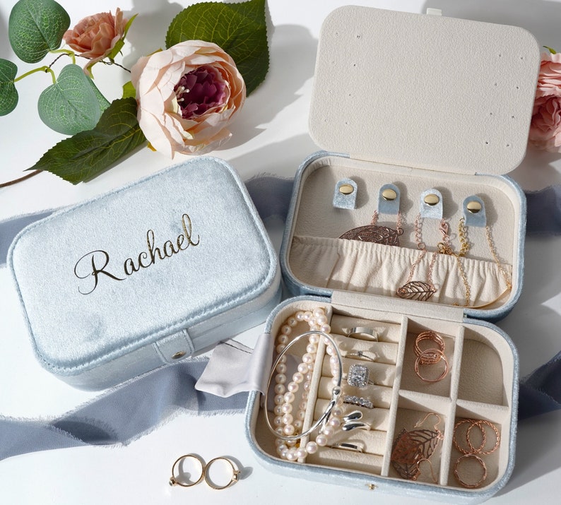 Travel Velvet Jewelry Box with Button Snap and Mirror, Christmas & Holiday Gift, Wedding, Bridesmaid, Jewelry Case, Name Box Personalized Powder Blue