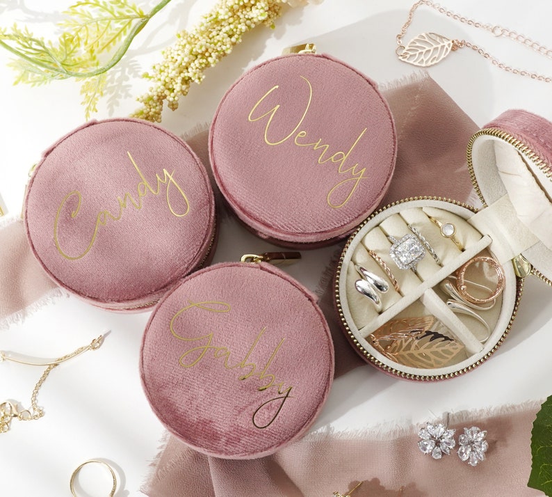 Mini, Round Jewelry Case, 100% Italian Velvet, Customizable Jewelry Case, Christmas & Holiday Gift, Personalized Box, Bridesmaids Gift Nude Pink
