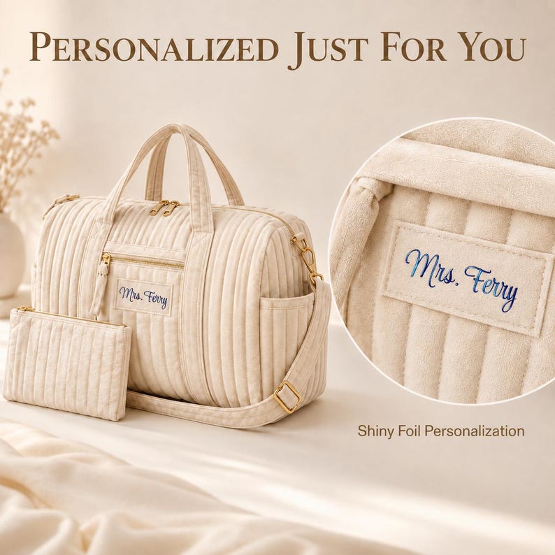 Personalized Velvet Duffle Bag with Trolley / Luggage Sleeve, Custom Name Carry-On Weekender + Small Pouch for Women & Girls Overnight Bags image 3