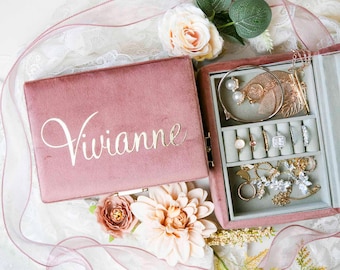 Joyero grande personalizado de terciopelo antiguo de dos niveles, ideal como regalo de Navidad o fiestas, para bodas, decoración del hogar o para exhibir joyas de damas de honor.