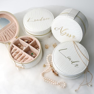 Boîte à bijoux de luxe en cuir de crocodile végétalien | Organiseur de voyage rond personnalisé à bijoux | Petit étui de rangement portable pour bijoux. Cadeaux