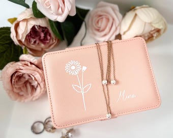 Joyero personalizado de cuero de dos niveles con flor de nacimiento / Perfecto para damas de honor o regalo de cumpleaños