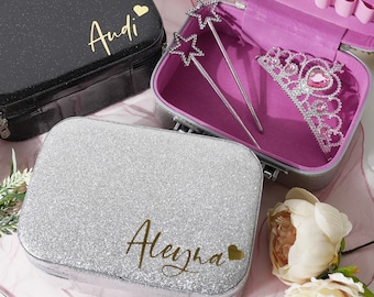 Jolie boîte à maquillage personnalisée, trousse à cosmétiques imperméables, cadeau d'anniversaire pour fille, trousse à accessoires, boîte princesse scintillante, boîte nom