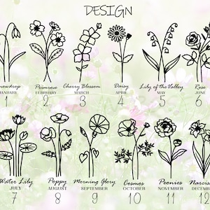 May include: A black and white illustration of 12 different flowers, each representing a month of the year. The flowers are drawn in a simple, minimalist style. The names of the flowers and months are listed below each flower.