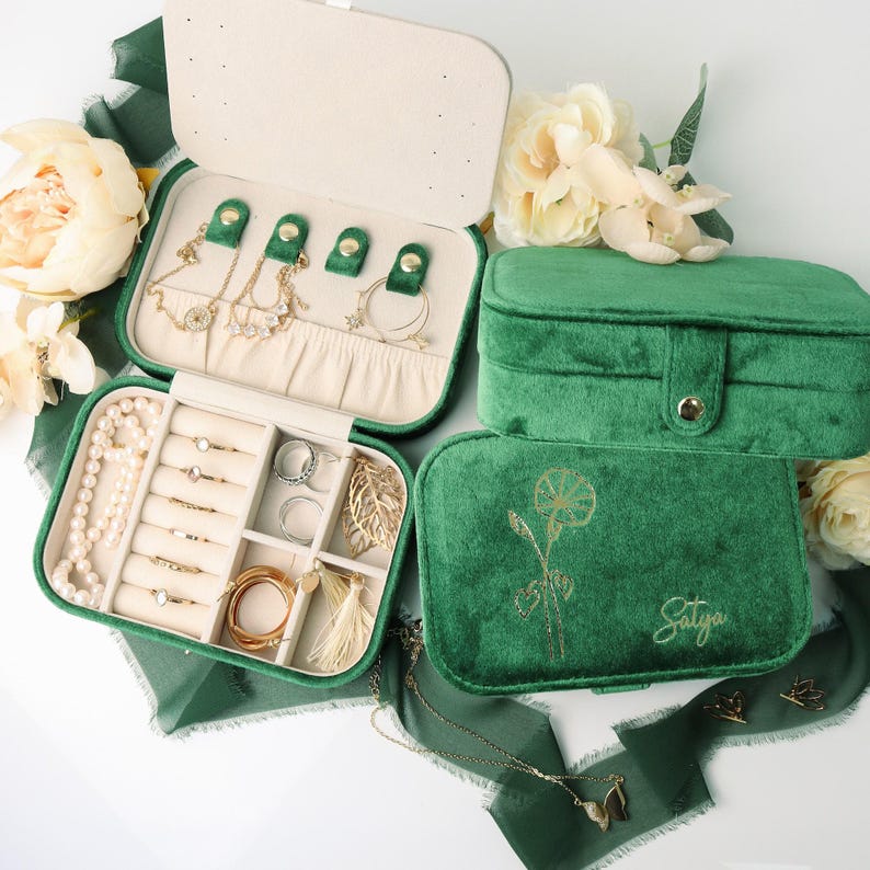 Birth Flower Velvet Jewelry Box with Button Snap and Mirror, Holiday Gift, Travel, Wedding Bridesmaid, Bride, Jewelry Case, Name Box image 11