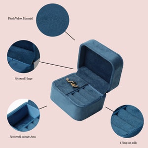 May include: A blue velvet ring box with a removable storage area and four ring slots. The box has a rebound hinge and is lined with plush velvet.