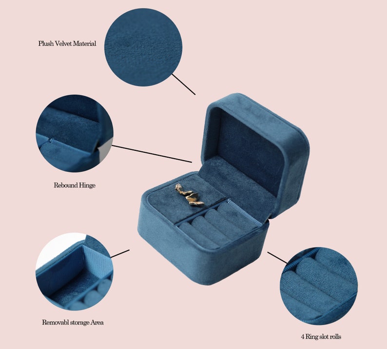 May include: A blue velvet ring box with a removable storage area and four ring slots. The box has a rebound hinge and is lined with plush velvet.