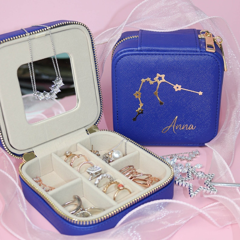 Birth Constellation Travel Jewelry Case, Personalized Bridesmaid Proposal Gift, leather travel jewelry box, Initials & Name Travel Case image 2