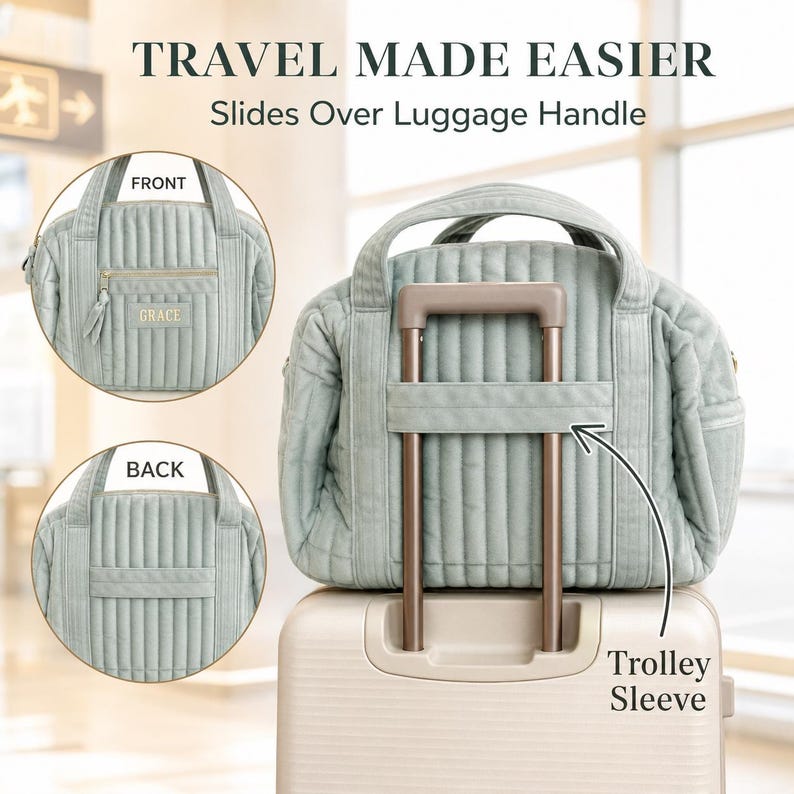 Personalized Velvet Duffle Bag with Trolley / Luggage Sleeve, Custom Name Carry-On Weekender + Small Pouch for Women & Girls Overnight Bags image 6