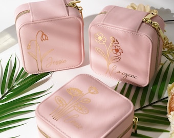 Estuche para joyas con flores de nacimiento, caja de viaje personalizada con flores de nacimiento, regalo de cumpleaños, regalo de Navidad y festividades, estuche para joyas personalizado.