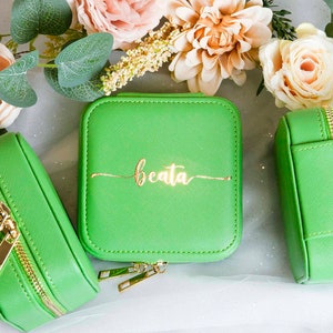 Travel Jewelry Case, Personalized Bridesmaid Proposal Gift, Bridal Party Gifts, leather travel jewelry box, Initials & Name Travel Case Lime Green