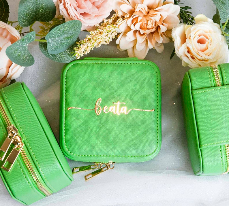 Travel Jewelry Case, Personalized Bridesmaid Proposal Gift, Bridal Party Gifts, leather travel jewelry box, Initials & Name Travel Case Lime Green