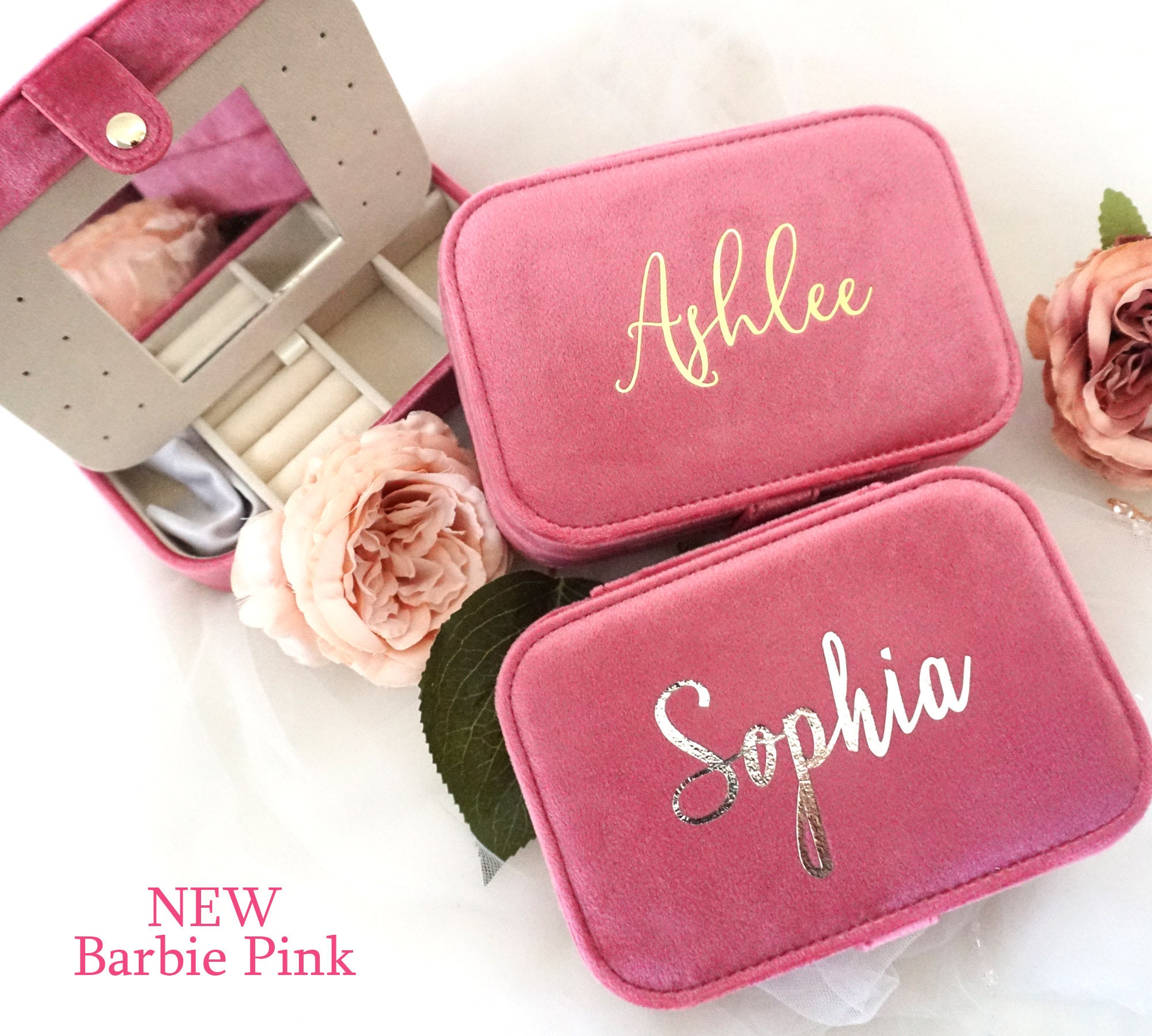 Travel Velvet Jewelry Box with Button Snap and Mirror, Christmas & Holiday Gift, Wedding, Bridesmaid, Jewelry Case, Name Box Personalized