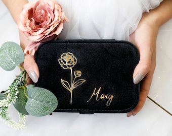 Joyero de terciopelo con diseño de flor de nacimiento y botón a presión, ideal para viajes, regalos de Navidad, bodas, damas de honor, novias, joyero, caja con nombre.