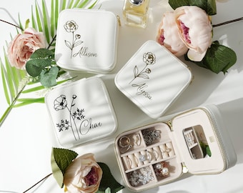 Estuche para joyas con flores de nacimiento, caja de viaje personalizada con flores de nacimiento, regalo de cumpleaños, regalo de Navidad y festividades, estuche para joyas personalizado.