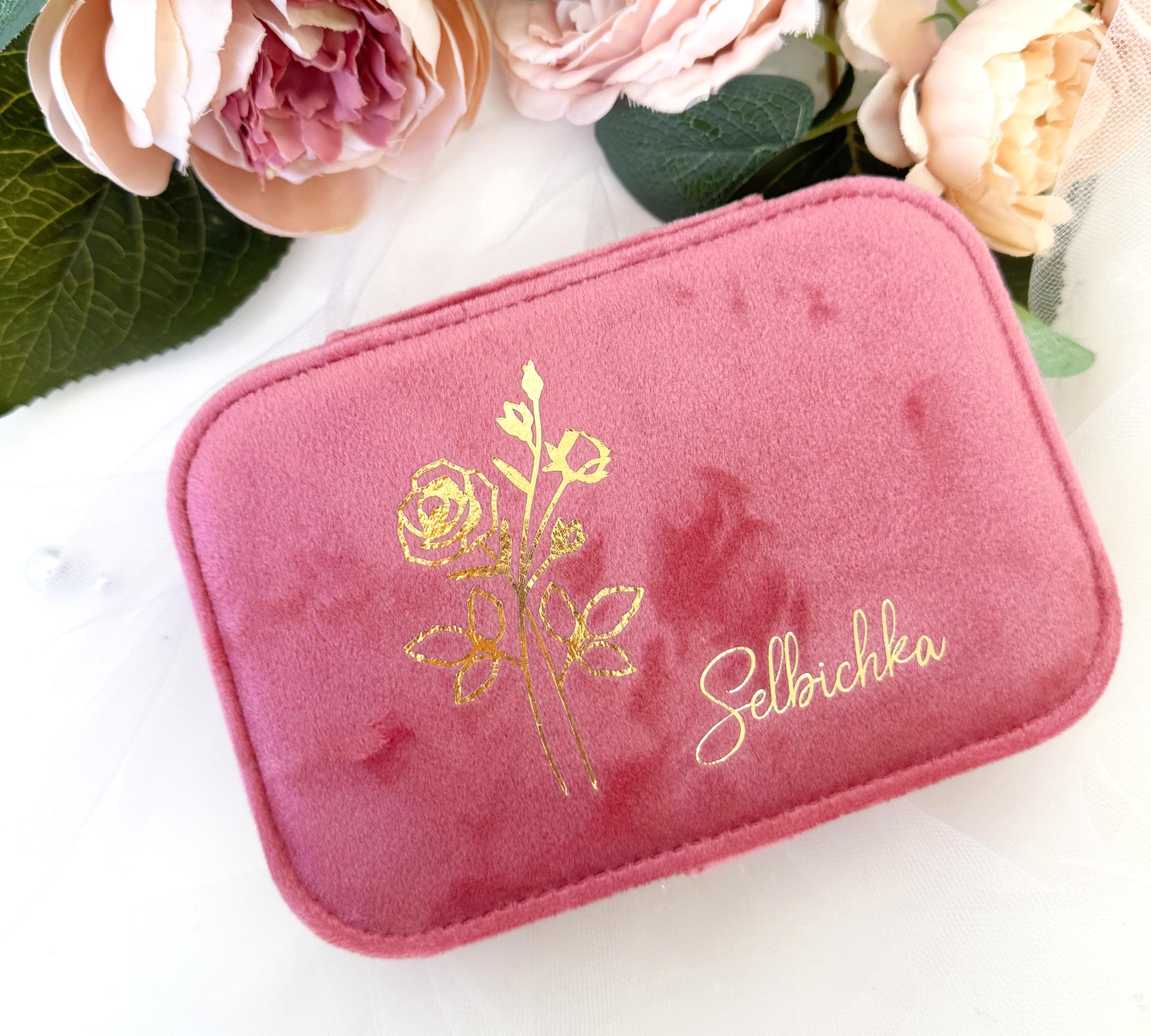 Birth Flower Velvet Jewelry Box With Button Snap, Travel