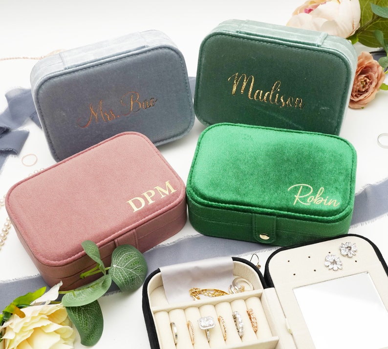 Travel Velvet Jewelry Box with Button Snap and Mirror, Christmas & Holiday Gift, Wedding, Bridesmaid, Jewelry Case, Name Box Personalized image 9