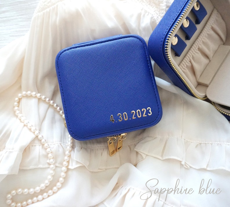 Travel Jewelry Case, Personalized Bridesmaid Proposal Gift, Bridal Party Gifts, leather travel jewelry box, Initials & Name Travel Case Sapphire blue