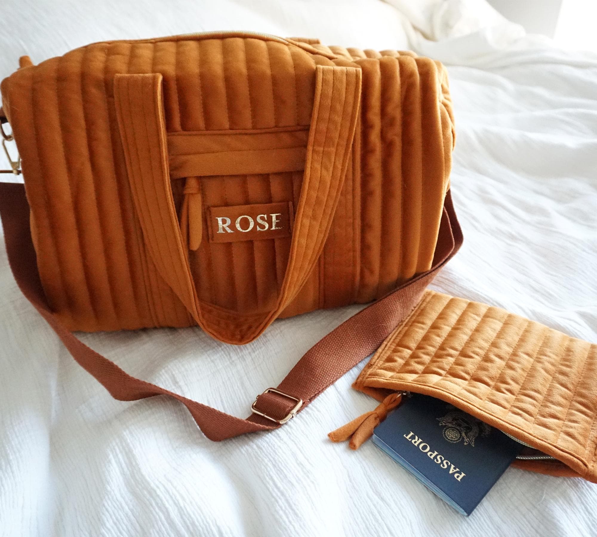 Personalized Velvet Duffle Bag with Small Pouch, Custom Name Duffel Bag, Carry-On Bag, Small Gym Bag, Weekender Overnight for Women & Girls