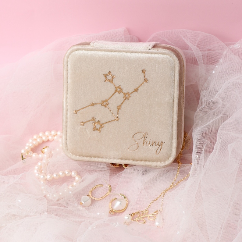 Birth Constellation Travel Jewelry Case, Personalized Bridesmaid Proposal Gift, leather travel jewelry box, Initials & Name Travel Case image 1