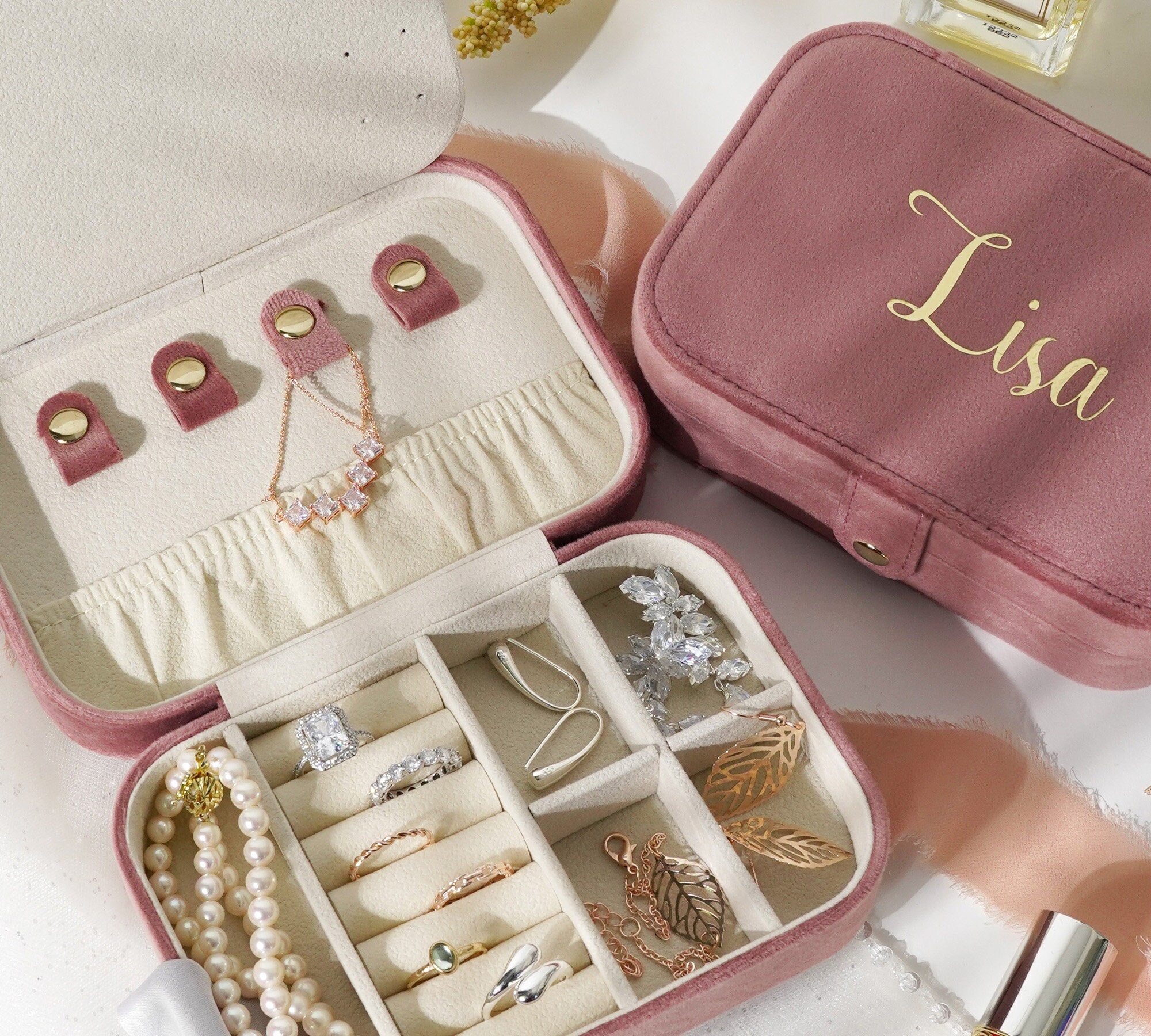 Travel Velvet Jewelry Box with Button Snap and Mirror, Christmas & Holiday Gift, Wedding, Bridesmaid, Jewelry Case, Name Box Personalized