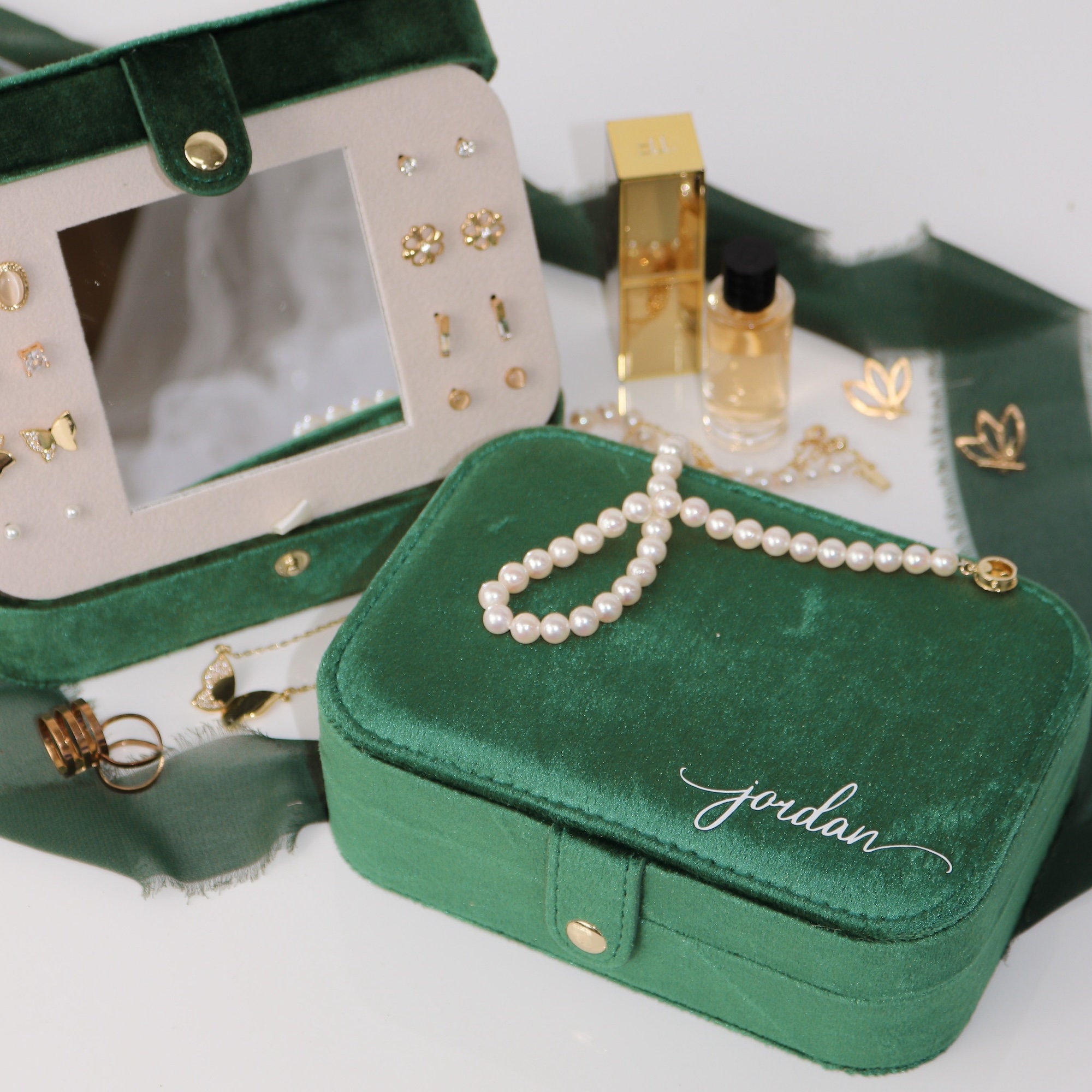Travel Velvet Jewelry Box with Button Snap and Mirror, Christmas & Holiday Gift, Wedding, Bridesmaid, Jewelry Case, Name Box Personalized