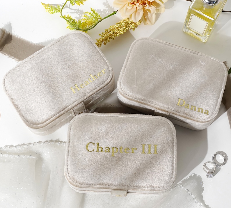 Travel Velvet Jewelry Box with Button Snap and Mirror, Christmas & Holiday Gift, Wedding, Bridesmaid, Jewelry Case, Name Box Personalized Champagne