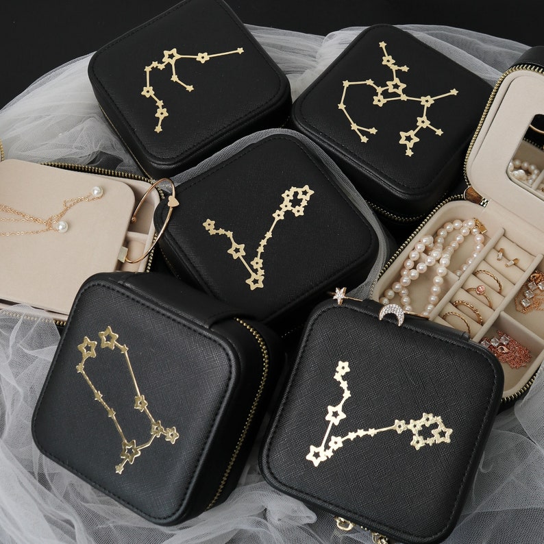 Birth Constellation Travel Jewelry Case, Personalized Bridesmaid Proposal Gift, leather travel jewelry box, Initials & Name Travel Case image 5
