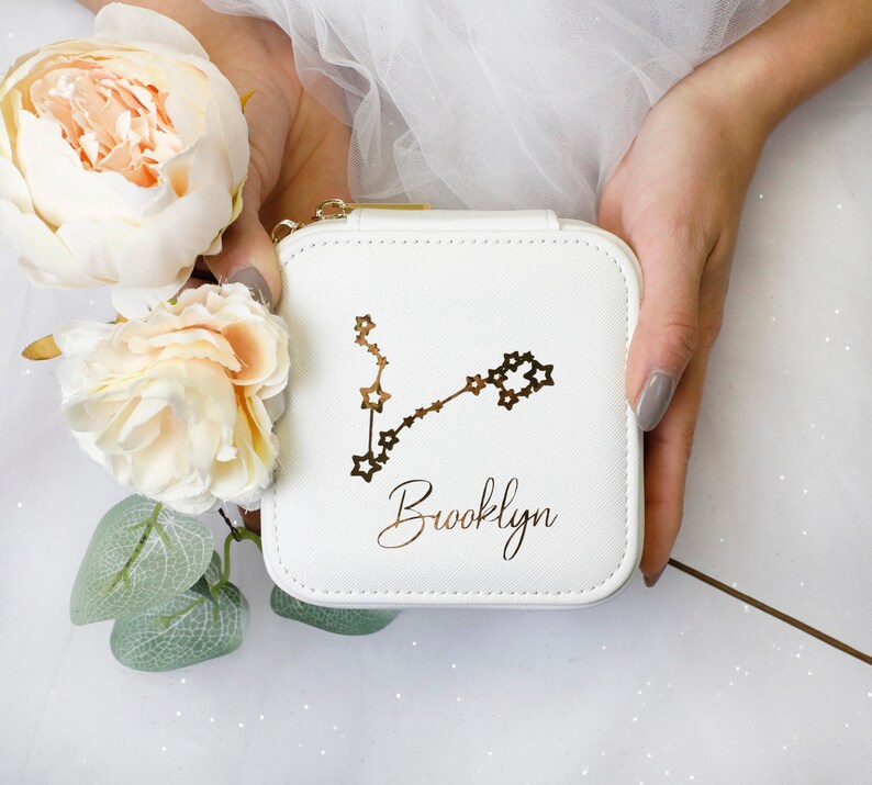 Birth Constellation Travel Jewelry Case, Personalized Bridesmaid Proposal Gift, leather travel jewelry box, Initials & Name Travel Case image 4