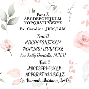 May include: A graphic with three different fonts, labeled Font A, Font B, and Font C. Each font displays the alphabet in uppercase letters. Examples of names using each font are provided: Caroline, JKM, L&M; Kelly, Danielle, M.U.V; Hannah, Mariana, S+D.