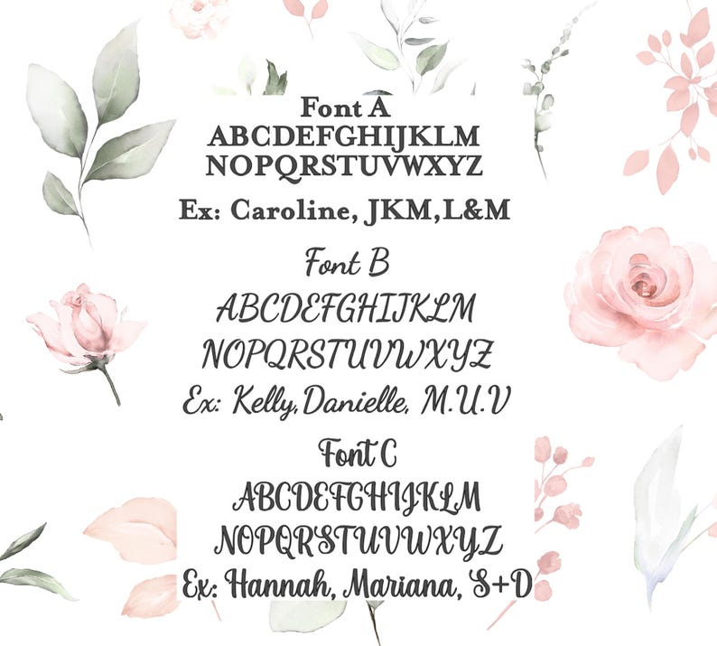 May include: A graphic with three different fonts, labeled Font A, Font B, and Font C. Each font displays the alphabet in uppercase letters. Examples of names using each font are provided: Caroline, JKM, L&M; Kelly, Danielle, M.U.V; Hannah, Mariana, S+D.