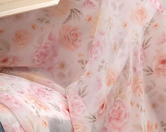 Romantic Bloom, Floral Chiffon Fabric by the yard, made in Korea, Polyester Pink Rose Dress Skirt Blouse Sheer Curtain Fabric 150cm 59" wide