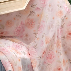 Romantic Bloom, Floral Chiffon Fabric by the yard, made in Korea, Polyester Pink Rose Dress Skirt Blouse Sheer Curtain Fabric 150cm 59" wide