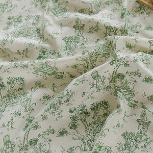 Green Toile de Scenery Linen | Cotton Linen by the yard made in Korea Premium Linen Bedding Tablecloths Home Textiles Apparel 140cm 55"wide
