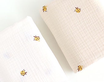 Honey Bees | Crinkle Cotton Triple Gauze Fabric by the yard Honey Bees Embroidered Baby Blanket Cotton 2 colors Made in Korea 150cm 59" wide