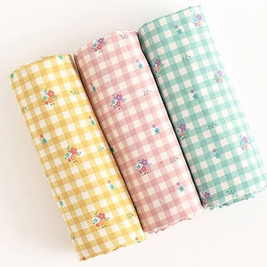 Floral Check | Cotton by the yard, 3 colors, Flower Gingham Fabric, made in Korea, Pajama, Bedding, Home Textiles, Apparel, 155cm 61&quot;wide