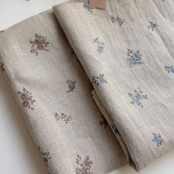 Elizabeth Natural | Floral Linen by the yard, 2 colors, made in Korea, Vintage Flower Linen, Summer Dress, Home Textiles 145cm 57" wide