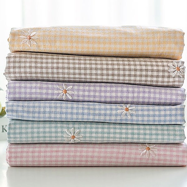 Daisy Embroidered Cotton by the yard, 6 colors, 50% Melange Cotton, Yarn Dyed Gingham Fabric, Washed Cotton, made in Korea, 160cm 59" wide