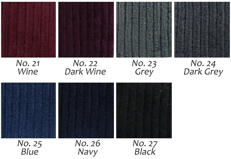 Op de afbeelding: Kleurenkaart met zeven verschillende kleuren stof. De kleuren zijn: Wijn, Donker Wijn, Grijs, Donker Grijs, Blauw, Marineblauw en Zwart.