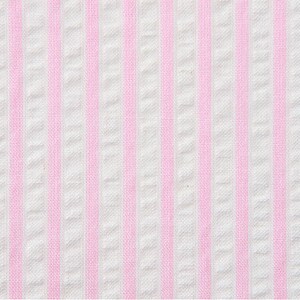 May include: White fabric with pink stripes. The fabric has a woven texture.