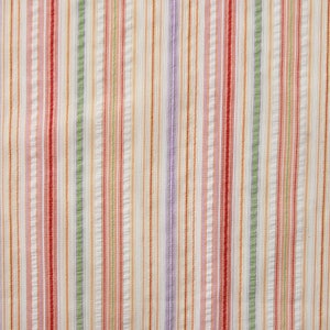May include: A white fabric with thin, colorful stripes in shades of red, pink, orange, green, and purple.