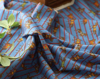 Chevalier Blue | Horse Print Cotton by the yard made in Korea Equestrian Interior Plain Weave Cotton Pajama Bedding Fabric 110cm 44" wide