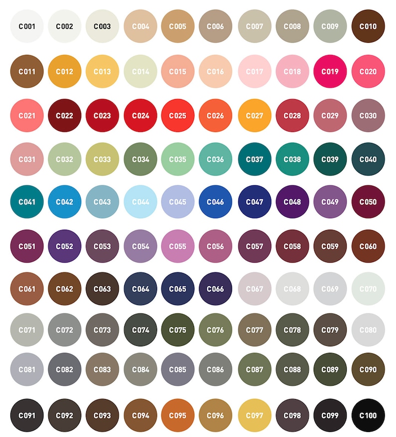 Puede incluir: Una carta de colores con 100 colores diferentes, etiquetados del C001 al C100. Cada color est&aacute; representado por un c&iacute;rculo.