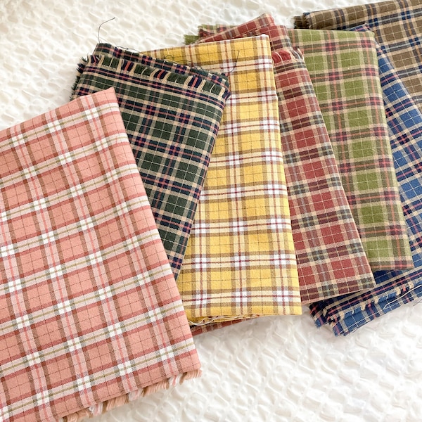 August Check | Washed Cotton by the yard, 7 colors, made in Korea, Yarn Dyed Vintage Check Fabric, Plaid Shirts, Tablecloths, 145cm 57" wide