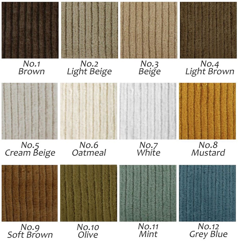 Op de afbeelding: Twaalf stofstalen in verschillende kleuren en texturen, waaronder bruin, beige, cr&egrave;me, wit, mosterd, olijf en blauw. Elk staal is gelabeld met een nummer en een kleurnaam.